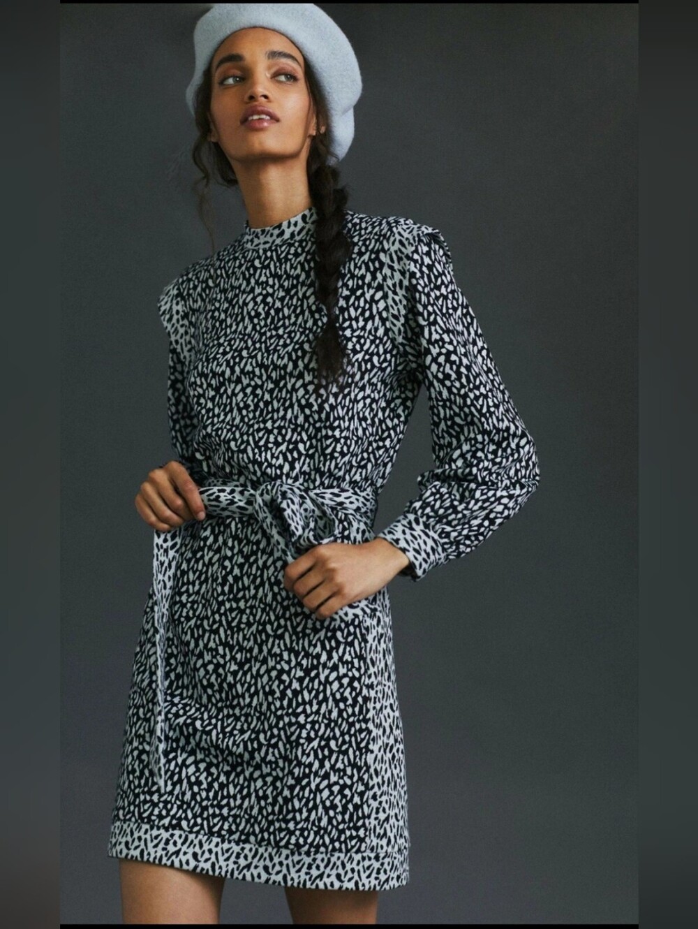 Hutch Anthropologie Spotted Mini Dress L Black White Mock Neck Puff Sleeve Belt